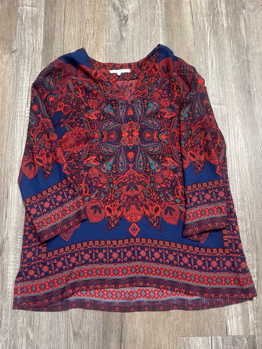 Violet + Claire Women's Navy Boho Paisley 3/4 Sleeve Artsy Flowy Blouse Large